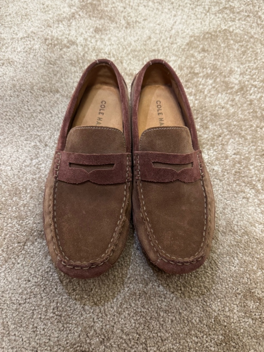 Cole Haan Men's Brown Suede Penny Loafers with Dark Brown Accents